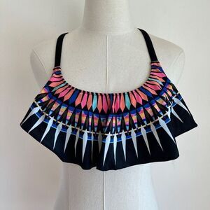 PINK Victoria’s Secret Swim Printed Ruffled Bikini Top Black Coral Aqua Size Med